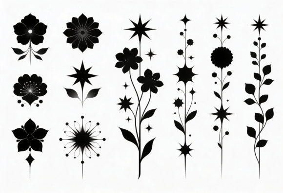 Black Floral Starburst Stem SVG Clipart