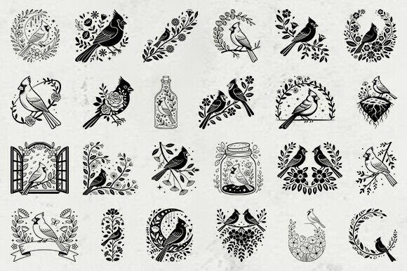 Floral Cardinal Bird SVG Bundle