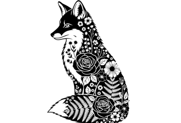 Floral Fox Silhouette SVG Cut File